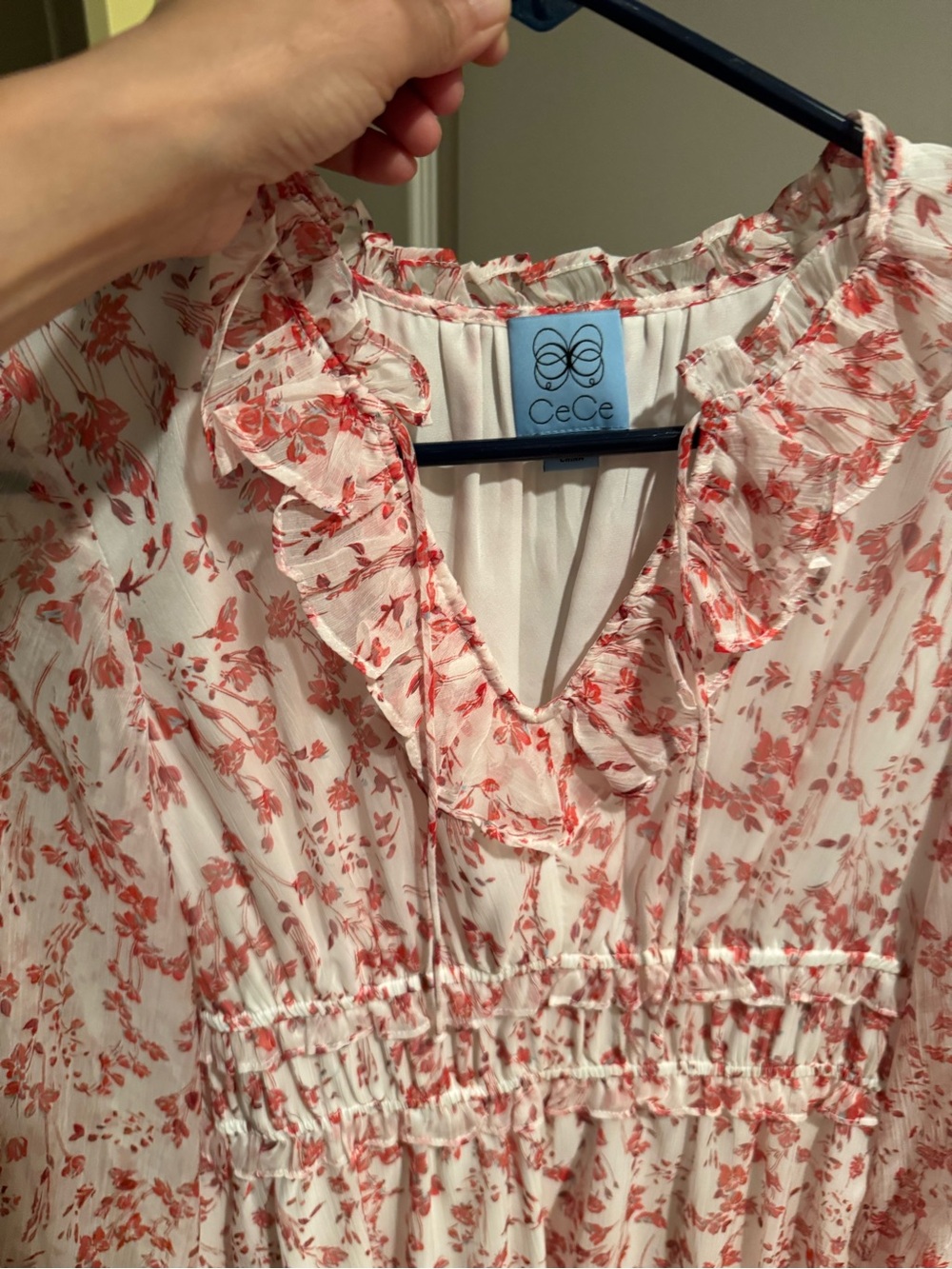 CeCe Cream Dress with Red Floral Ruffle Neck